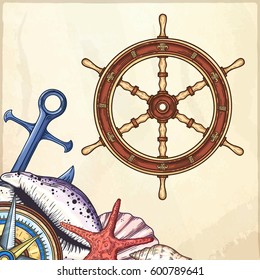 Hand drawn ship stearing wheel. Vector marine objects.