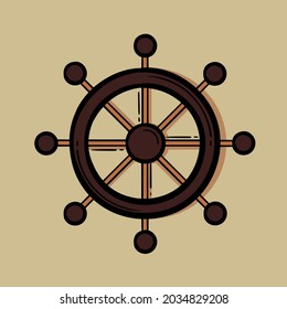 hand drawn ship steering wheel color version on 
light brown background