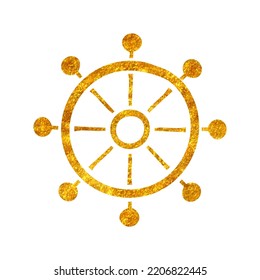 Hand drawn ship steering wheel icon in gold foil texture vector illustration