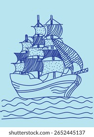 hand drawn ship vector illustrations with brush rough doodle sketch style. for Summer vacation elements blue ink style. Drawings for poster, business or post card print