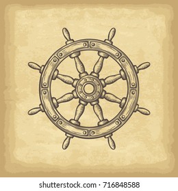 Hand drawn ship wheel. Old paper texture background. Template for your design works. Engraved style vector illustration.