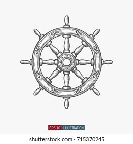 Hand drawn ship wheel. Template for your design works. Engraved style vector illustration.