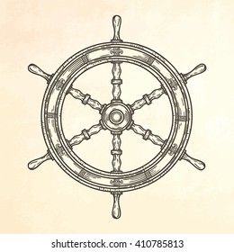 Hand drawn ship wheel. Vector marine objects.