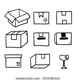 hand drawn shipping box icon illustration set in doodle