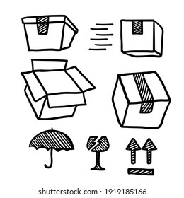 hand drawn shipping box icon illustration set in doodle