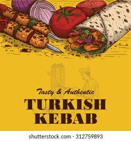 Hand drawn of shish kebabs and doner kebab with chef slicing meat as a background