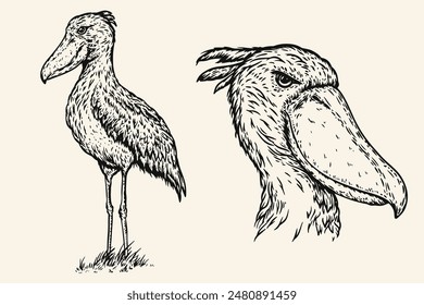 Handgezeichneter Schuhschnabelvogel im Skizzenstil. Monochrome Vektorillustration isoliert auf weißem Hintergrund.