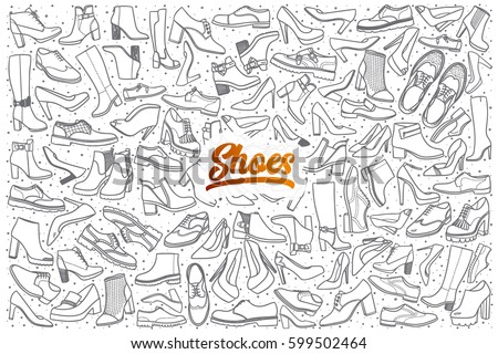 Hand drawn shoes doodle set background with orange lettering in vector