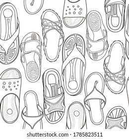 Hand drawn shoes seamless pattern. flip flops, summer time vacation attribute, slippers, shoes, sketch style vector black and white illustration