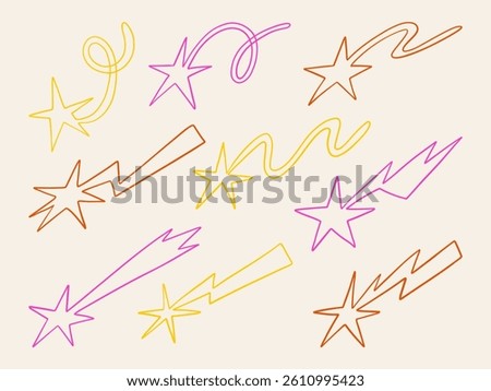 Hand Drawn Shooting Star Outline. A vibrant collection of 9 hand drawn shooting stars with playful trails including loops spirals waves and lightning shapes in neon styled outline
