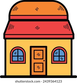 Hand Drawn Shop fronts and buildings in flat style isolated on background