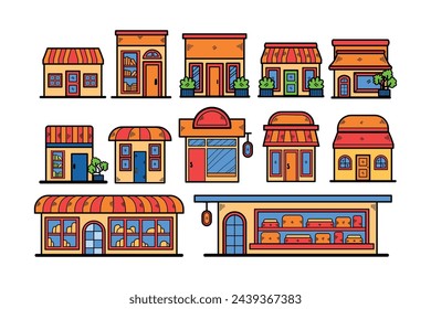 Hand Drawn Shop fronts and buildings in flat style isolated on background