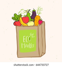 Hand drawn shopping bag with lettering Eco market for green food, fruits, vegetables. Fabric, cotton canvas. Vector illustration for for restaurant, bar, menu, shop, grocery.