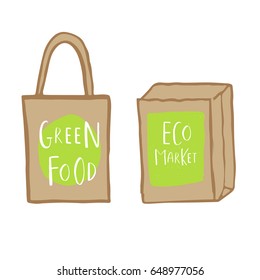 Hand drawn shopping bag with lettering green food and eco market. Fabric, cotton canvas. Vector illustration for for restaurant, bar, menu, shop, grocery.