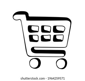 Hand drawn Shopping Cart Icon in doodle style. Online shopping concept. Isolated on white background