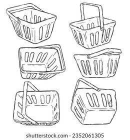 Hand drawn shopping cart silhouette set. Online commerce, shopping basket vector illustration isolated on white background