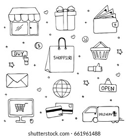 Hand Drawn Of Shopping Doodle Art Vector Design. Ecommerce Shopping Concept.