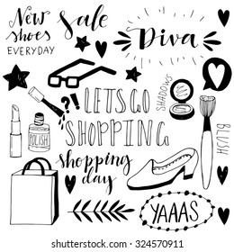 Hand Drawn Shopping Doodle Icons. Cute Vector Illustrations. Funny Doodles. Girly Shopping Icons.