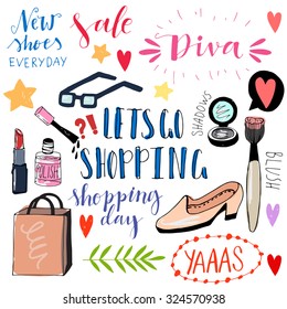 Hand drawn shopping doodle icons. Cute vector illustrations. Funny doodles. Girly shopping icons.