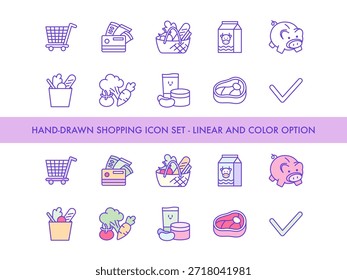 Handgezeichnetes Einkaufs-Symbol-Set - Naive Warenkorb, Geldbörse, Bargeld, Lebensmittelkorb, Gemüse, Milchkarton, Sparschwein, Kosmetik, Steak und Häkchen für Einkaufen, Lebensmittel, Markt, Budget und Finanzen.