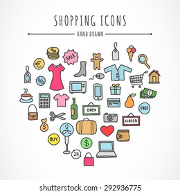 Hand drawn shopping icons: clothes, computer, electronics, bags, money, toys, food