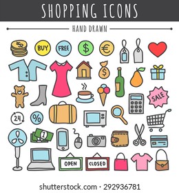 Hand drawn shopping icons: clothes, computer, electronics, bags, money, toys, food