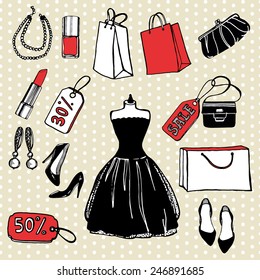 Hand drawn shopping set.  Little black dress, clutch, bag, shoes, lipstick. nail polish, earrings, pearl necklace, discount tag, sale tag, shopping bag. Polka dot background