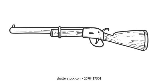 Elemento de arma de tiro con mano. Estilo de dibujo de Doodle. Icono de rifle de caza simple de línea de dibujo. Ilustración vectorial aislada.