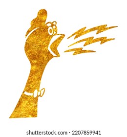 Hand drawn shouting chicken in gold foil texture vector illustration