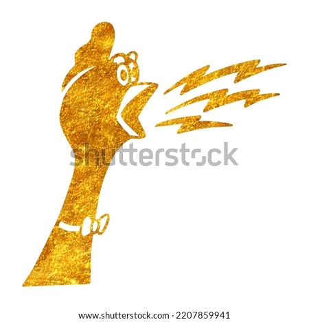 Hand drawn shouting chicken in gold foil texture vector illustration