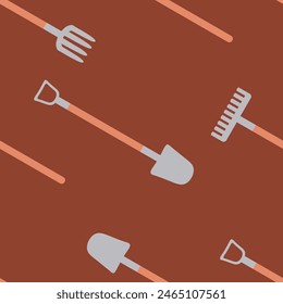 Hand drawn shovels and rakes seamless pattern. Perfect print for paper, textile and fabric. Simple vector illustration for decor and design.