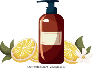Hand drawn shower gel or shampoo with lemon slices, leaves and flower. Beauty, skincare, bodycare, cleansing concept. Vector illustration in flat style. Fresh cosmetics in cartoon stylisation