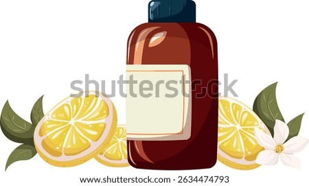 Hand drawn shower gel or shampoo with lemon slices and flower. Beauty, skincare, bodycare, cleansing concept. Vector illustration in flat style. Fresh cosmetics in cartoon stylisation
