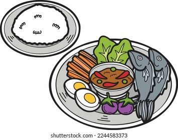 Hand Drawn Shrimp paste chili paste or Thai food illustration isolated on background