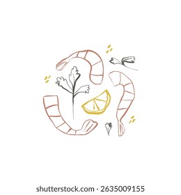 Hand drawn shrimps with lemon and parsley in playful line art perfect for seafood recipes and kitchen design projects