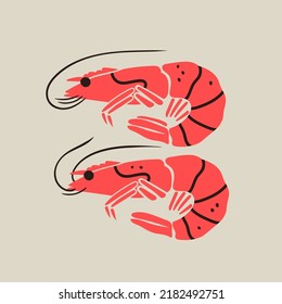 Handgezeichnete Garnelen. Logo des Seafood-Shops, Schild, Speisekarte, Fischmarkt, Banner, Plakatdesign-Vorlage. Frische Meeresfrüchte oder Schalentiere. Trendy Vector einzelne Illustration. Flachdesign