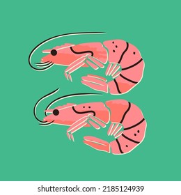 Hand drawn Shrimps. Seafood shop logo, signboard, restaurant menu, fish market, banner, poster design template. Fresh seafood or shellfish product. Trendy Vector isolated illustration. Flat design