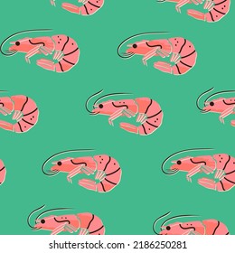 Hand drawn Shrimps. Seafood shop, restaurant menu, fish market, banner, fabric, textile print, poster design template. Fresh shellfish products. Trendy Vector illustration. Square seamless pattern