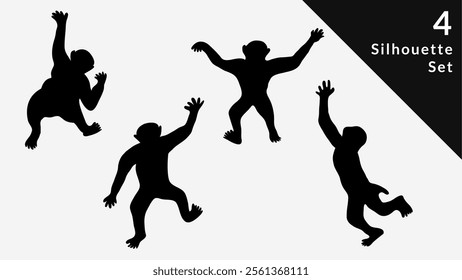 Hand Drawn Siamang Gibbon Silhouette Set in Various Poses. Isolated Vector Illustration.