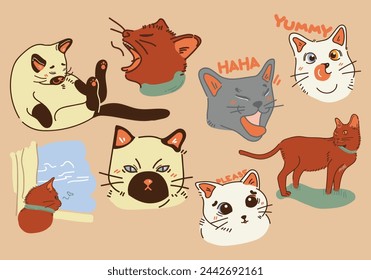 hand drawn Siamese cat emotion (Burmese Cat, Khao Manee Cat, Korat Cat)