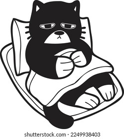 Hand Drawn sick cat sleeping on pillow illustration in doodle style isolated on background