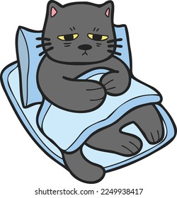 Hand Drawn sick cat sleeping on pillow illustration in doodle style isolated on background
