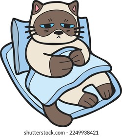 Hand Drawn sick striped cat sleeping on pillow illustration in doodle style isolated on background