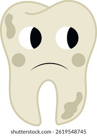 Hand drawn sick tooth in cartoon flat style. Vector illustration of kawaii tooth character for stickers, web design, kids poster, card, fabric print, educational books.
