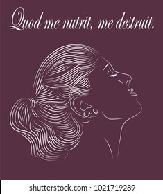 a hand drawn side profile of a pretty thoughful and wistful girl with a ponytail and birthmarks, latin sentence in a textbox