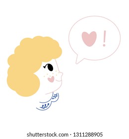 A hand drawn side profile of a young woman, girl with an extravagant curly hairstyle. Girl with speech bubble. Girl with heart. Cute love symbol