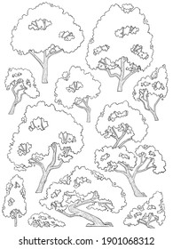 hand drawn side view tree vector set isolated on white background.
