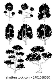 hand drawn side view tree vector set isolated on white background.