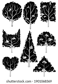 hand drawn side view tree vector set isolated on white background.