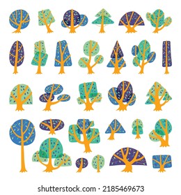 Hand drawn side view tree vector set isolated on white background.